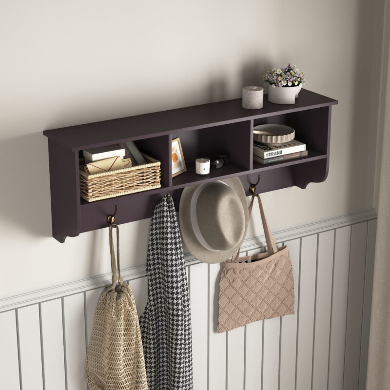 White Entryway Wall Mounted Coat Rack with 4 Dual Hooks Living Room Wooden Storage Shelf - Image 11