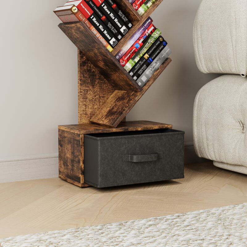 9 Tier Tree Bookshelf with Drawer Bookcase, Modern Book Storage, Free Standing Tree Bookcase, Utility Organizer Shelves for Home Office, Living Room, Bedroom, Rustic Brown - Image 6