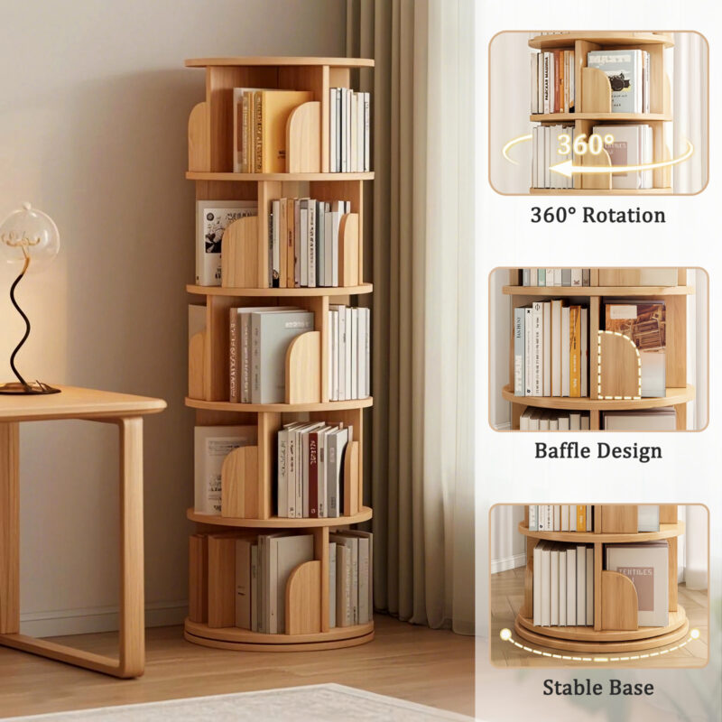 5 Tier Rotating Bookshelf, 360° Display Round Spinning Bookshelf, Space-Saving, Small Space Rotating Bookshelf Tower for Bedroom, Living Room, Home, Office, Wood Color - Image 16