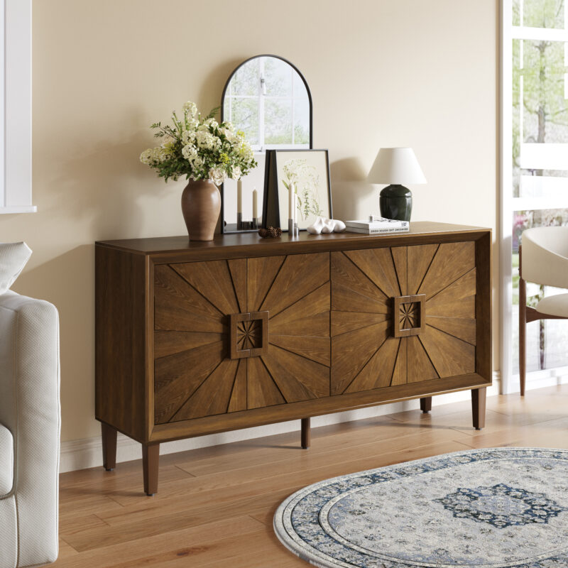 60" Premium Rustic American Farmhouse Credenza in Elegant Black - Symmetrical Sunburst Door Design, Heavy-Duty TV Stand with Adjustable Shelves, Black Wood Storage Cabinet - Image 13