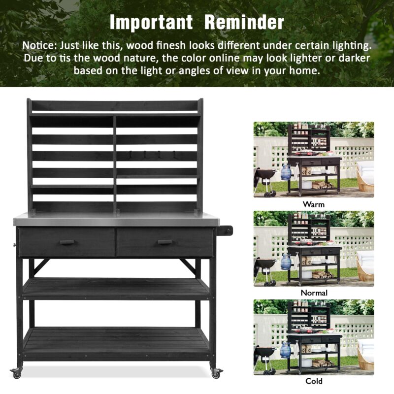 K&K 64.9"H Outdoor Potting Bench Table with Lockable Wheels, Solid Wood Outdoor Kitchen Island with Upper Hutch, Stainless Steel Top, Towel Rack ,Outdoor Storage for Grilling, Lawn Garden -Grey Blue - Image 22