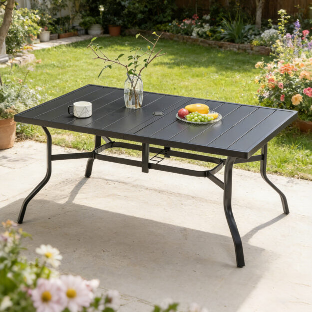cropped-1-1-1.jpg Outdoor Dining Table for 6, Powder-Coated Steel Slat Top with 2.16" Umbrella Hole, Anti-Slip Pads, E-Coating Frame, All-Weather Black Patio Table for Garden, Poolside, Backyard - Image 1