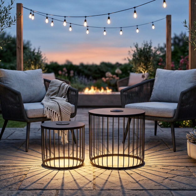 cropped-1-10.jpg 2-Pack Solar Powered Nesting Side Table Set, Modern Round End Tables with Solar LED Lights, Metal Wire Cage Accent Tables, Indoor/Outdoor Patio Nightstand for Living Room, Balcony, Garden, Matte Black - Image 1