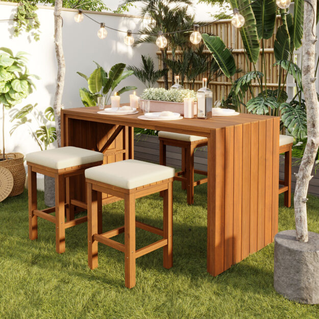cropped-11-5.jpg 5 Piece Outdoor Bar Set, Patio Acacia Wood Bar Height Table & Four Stools with Cushions, Wood Dining Bar Set for Backyard, Poolside, Balcony, Beige Cushion and Natural Wood - Image 1