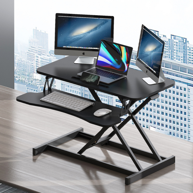 cropped-1c3ddf2951ba7fd2ec735917ca0e083c.png 32 Inch Desk Converter, Height Adjustable Sit to Stand Riser, Dual Monitor and Laptop Workstation with Wide Keyboard Tray - Image 1