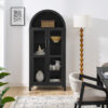A high arched storage cabinet with a lamp, a modern retro-style wooden storage cabinet with adjustable glass partitions, suitable for use as a multi-functional cabinet in kitchens-Black