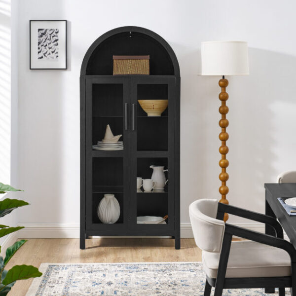 A high arched storage cabinet with a lamp, a modern retro-style wooden storage cabinet with adjustable glass partitions, suitable for use as a multi-functional cabinet in kitchens-Black