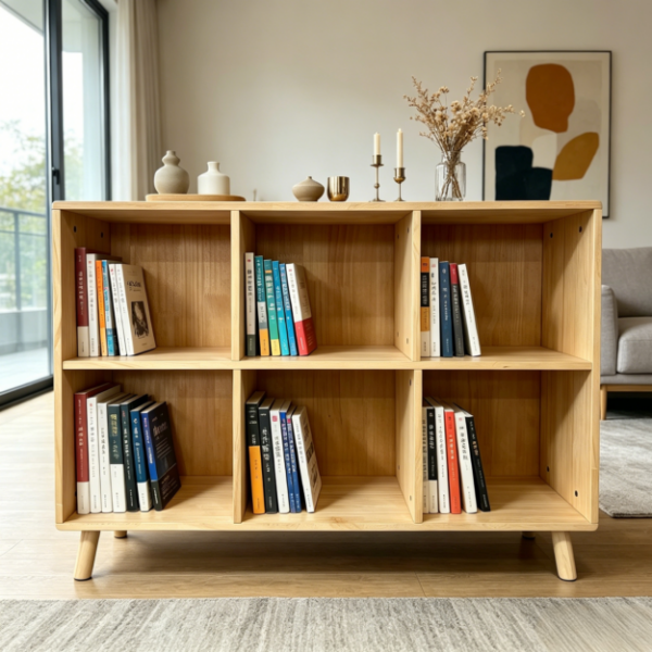 6 Cube Wooden Storage Shelf, Freestanding Open Bookcase with Legs, Natural Solid Wood Cubby Organizer for Living Room, Bedroom, Office, Entryway