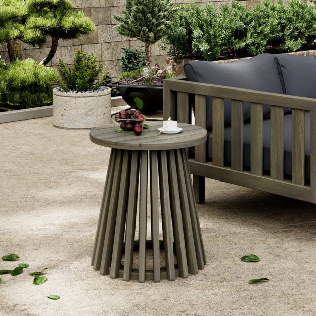 cropped-20ac5421477f985bc805fc71ed4c0c81-scaled-1.jpg Outdoor Acacia Wood Patio Side Table, Round Coffee Table for Backyard, Lawn, Balcony,Grey Finish - Image 1