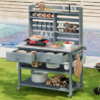K&K 64.9"H Outdoor Potting Bench Table with Lockable Wheels, Solid Wood Outdoor Kitchen Island with Upper Hutch, Stainless Steel Top, Towel Rack ,Outdoor Storage for Grilling, Lawn Garden -Grey Blue