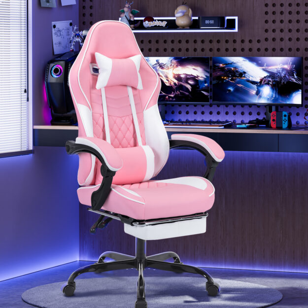 cropped-4bfd977a606eae118bc7e72eea738639.jpg Ergonomic Video Gamer Chairs,Computer Gaming Chairs with Massage Lumbar Support and footrest,Racing Style Computer Chair Adjustable Headrest for Adults,Pink White - Image 1