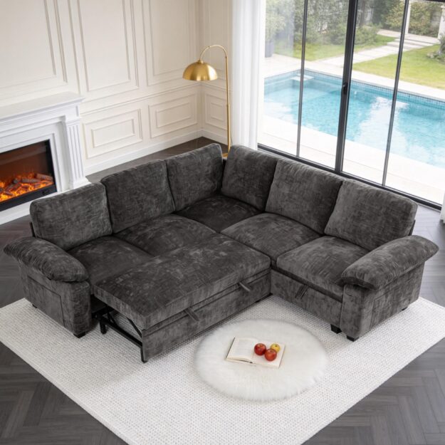 cropped-7000-FHZ1.jpg HOMYEDAMIC L Shaped Sectional Sleeper Sofa with Pull Out Bed, 5 Seat Modular Chenille Couch with Storage, Modern Convertible Sofa Bed, Sectional Couches for Living Room, Apartment, Gray - Image 1