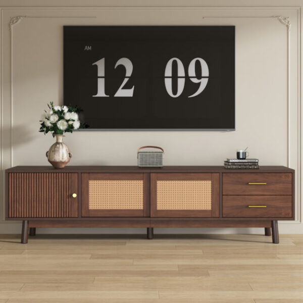 Mid Century Modern TV Stand for 80" TVs, Entertainment Center with Sliding Doors and Drawers, TV Table with Storage for Living Room, Bedroom
