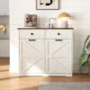 Farmhouse Double Tilt Out Trash Cabinet for 20 Gallon Trash Cans, Free Standing Recycling Cabinet with Hideaway Drawer, Barn Door Style Laundry Sorter Cabinet, Tilt Out Trash Cabinet for Kitchen