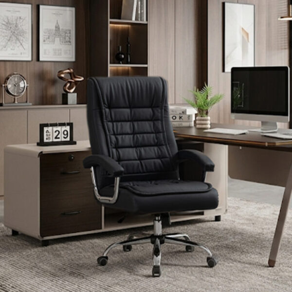 Executive Office Chair High Back PU Leather Desk Chair with Spring Seat Cushion, Ergonomic Swivel Computer Chair with Chrome Armrests, 350lbs Capacity for Home Office