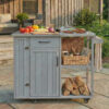Outdoor Kitchen Island Fir Wood Prep Station Lockable Kitchen Cart with Stainless Top, Ample Storage Space, Towel and Spice Racks for Patio and Outdoor