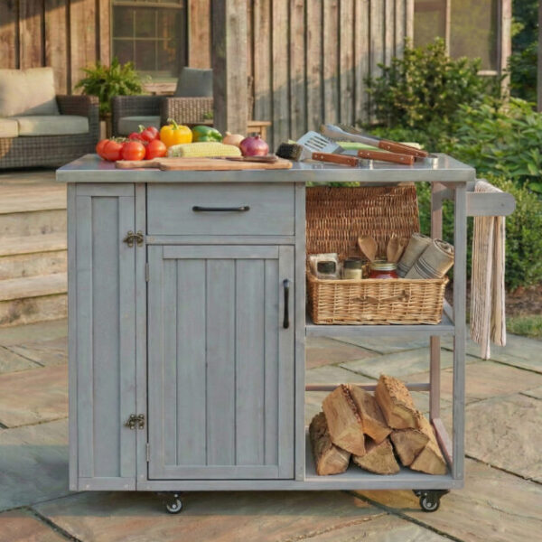 Outdoor Kitchen Island Fir Wood Prep Station Lockable Kitchen Cart with Stainless Top, Ample Storage Space, Towel and Spice Racks for Patio and Outdoor