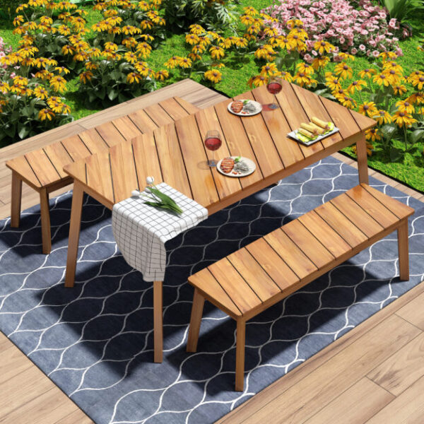 GO 3 Pieces Acacia Wood Table Bench Dining Set For Outdoor & Indoor Furniture With 2 Benches, Picnic Beer Table for Patio, Porch, Garden, Poolside, Natural