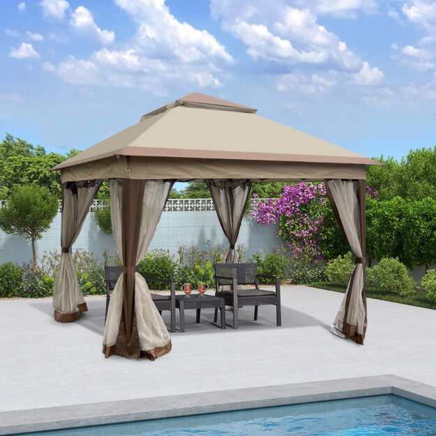 cropped-Lifestyle-Main-Image-52.jpg Outdoor 11x 11Ft Pop Up Gazebo Canopy With Removable Zipper Netting,2-Tier Soft Top Event Tent,Suitable For Patio Backyard Garden Camping Area,Coffee - Image 1