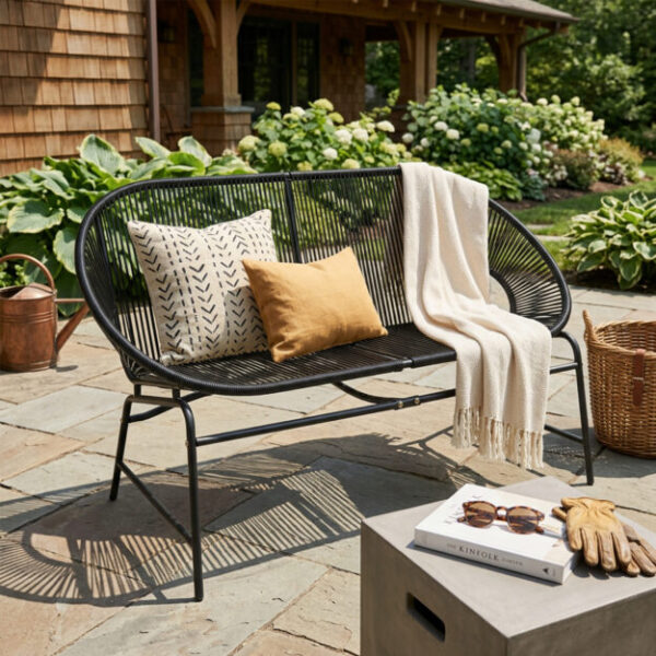 CONDESSA OUTDOOR PATIO WICKER LOVE SEAT, BLACK PE RATTAN & IRON FRAME, SET OF 1