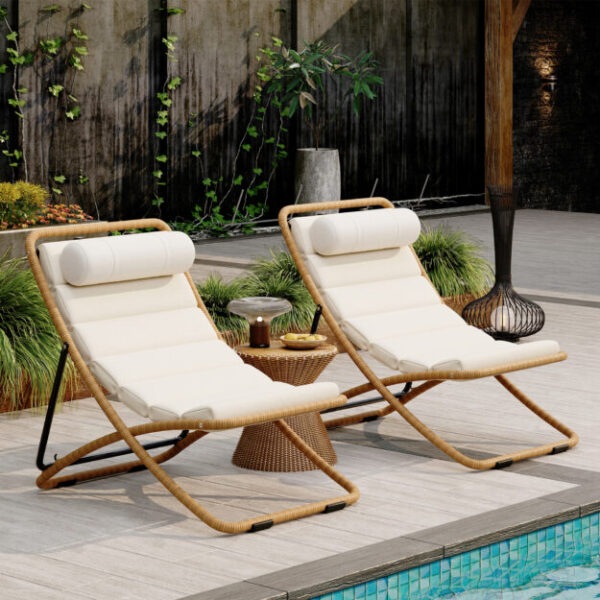 TREXM 2-Pieces Outdoor Folding Chair, Rattan-Wrapped Patio Chair with Adjustable Backrest, Thick Cushion, and Detachable Headrest ,for the Poolside, Beach, Backyard, Decck, and Camping