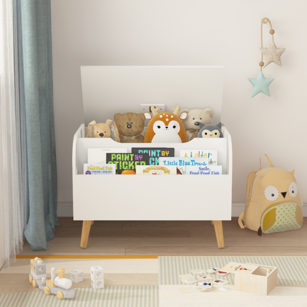 cropped-Other-Image2-1.png Wooden Toy Box, Kids Toy Storage Organizer with Front Bookshelf, Flip-Top Lid, Safety Hinge, Boys Girls Toy Chest Bench for Playroom Kids Room Organization (White) - Image 1