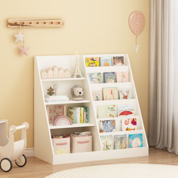 Kids Bookshelf and Toy Storage Organizer, Multifunctional 4 Tier Wooden Kids Book Shelf with Bookcase Display Stand in Kids Room Playroom Nursery for Kids, Children, Toddlers