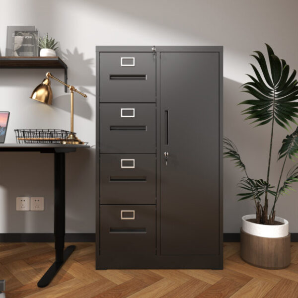 Metal Storage Vertical Filing Cabinet with Lock, Steel File Locker with 4 Drawers and 1 door for School, Living Room, Bedroom, Office (Black)