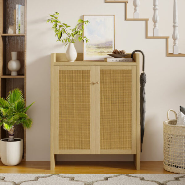 42.5" Tall Rattan Shoe Cabinet with Doors, 6-Tier Shoe Storage Cabinet with Adjustable Shelves, Wooden Freestanding Shoe Organizer Shoe Cabinet for Entryway,Hallway,Living Room