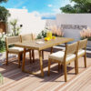 U_Style Multi-person Outdoor Acacia Wood Dining Table and Chair Set, Thick Cushions, Suitable for Balcony, Vourtyard, and Garden