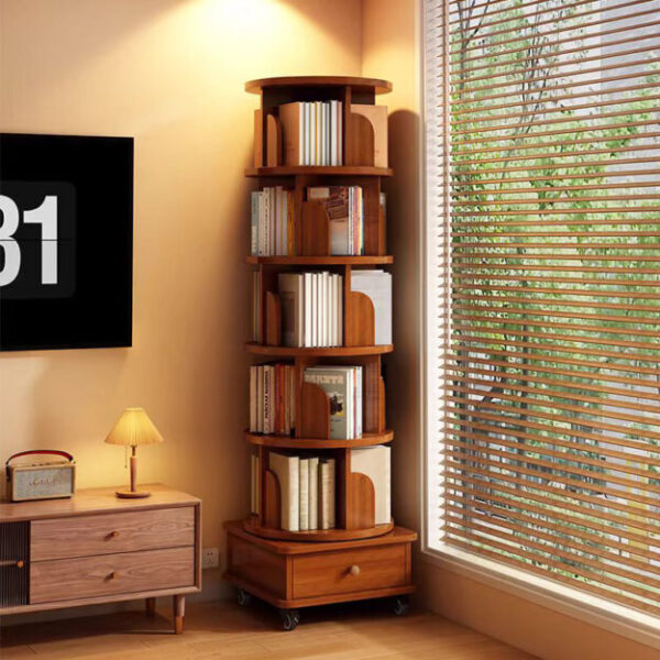 (UPGRADED) Rotating Bookshelf, 360 Display Corner Bookshelf for Small Space, 6 Tier Bookcase Storage Rack with Wheels, Wood Narrow Organizer for Bedroom, Living Room, Study Room, Walnut Brown