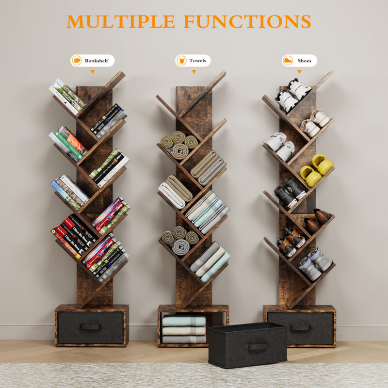 9 Tier Tree Bookshelf with Drawer Bookcase, Modern Book Storage, Free Standing Tree Bookcase, Utility Organizer Shelves for Home Office, Living Room, Bedroom, Rustic Brown - Image 5
