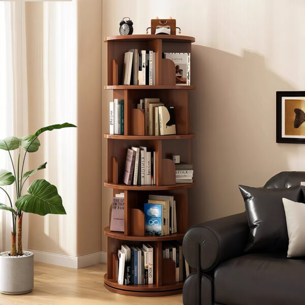 5 Tier Rotating Bookshelf, 360° Display Round Spinning Bookshelf, Space-Saving, Small Space Rotating Bookshelf Tower for Bedroom, Living Room, Home, Office, Wood Color