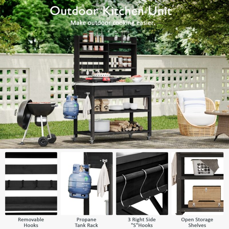K&K 64.9"H Outdoor Potting Bench Table with Lockable Wheels, Solid Wood Outdoor Kitchen Island with Upper Hutch, Stainless Steel Top, Towel Rack ,Outdoor Storage for Grilling, Lawn Garden -Grey Blue - Image 21