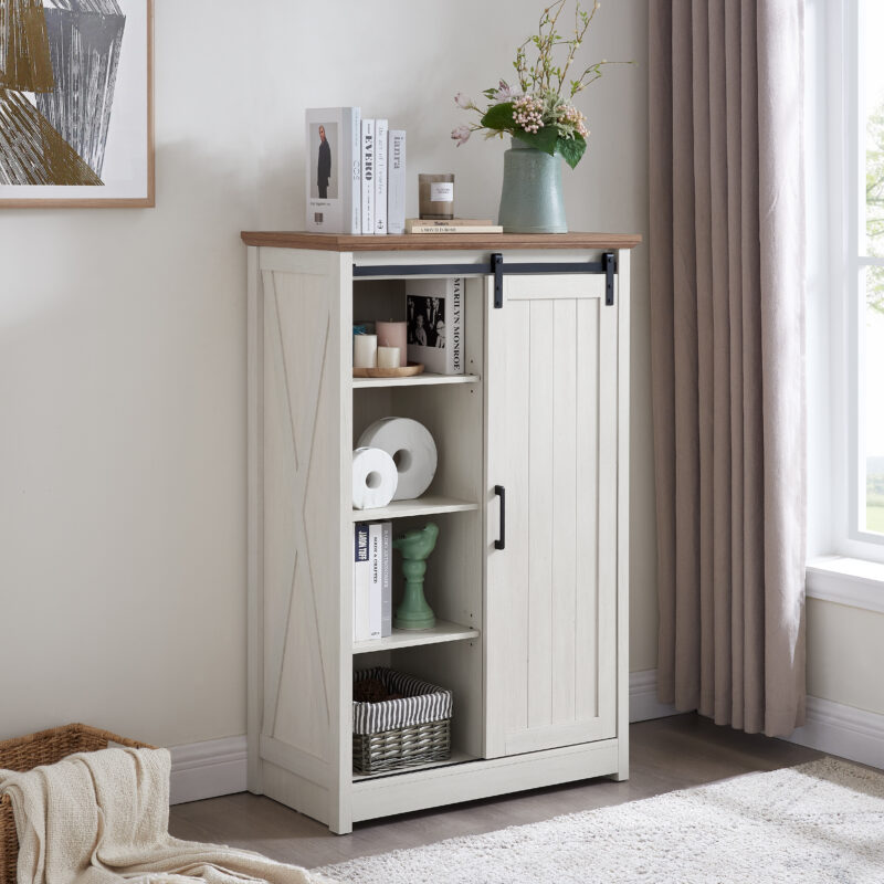 5 Drawers Dresser w/Sliding Barn Door, Farmhouse Modern Tall Dresser 5 Chest of Drawers, Storage Organizer Dresser for Bedroom, Hallway, Living Room, Kids Room WHITE - Image 4