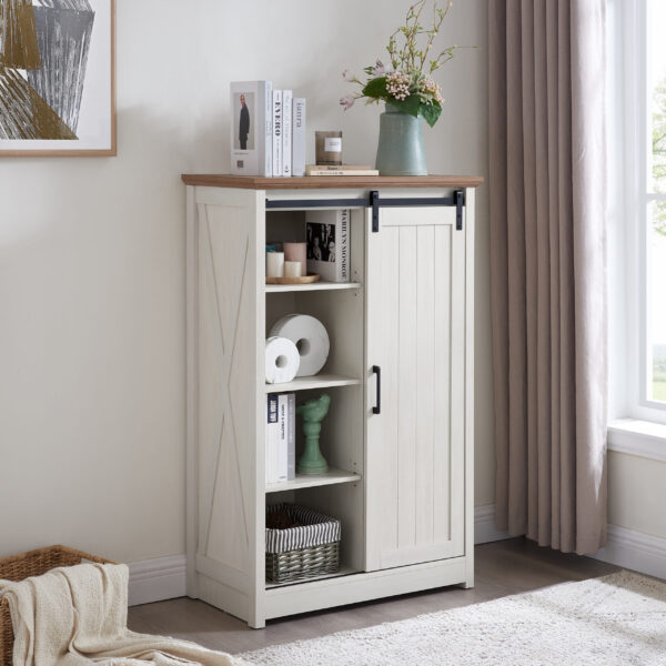 5 Drawers Dresser w/Sliding Barn Door, Farmhouse Modern Tall Dresser 5 Chest of Drawers, Storage Organizer Dresser for Bedroom, Hallway, Living Room, Kids Room WHITE
