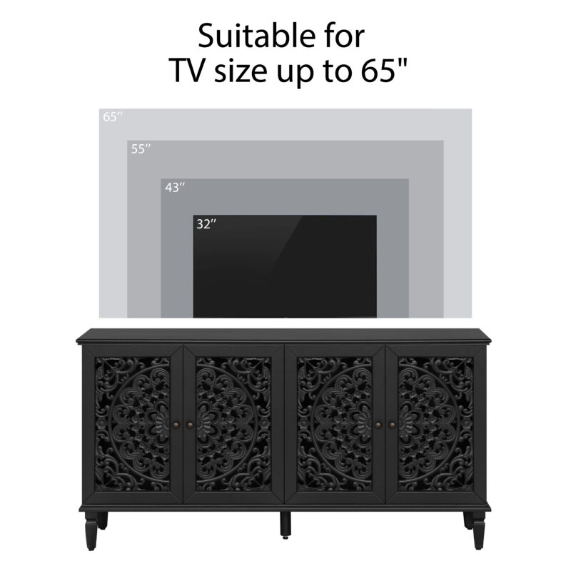 60" Antique Buffet Cabinet with Floral Carvings with Solid Wood Legs&Antique Brass Handles&Adjustable Shelves, TV Stand for 65''+ TV, Sideboard for Living Room,Dining Room (Black) - Image 4