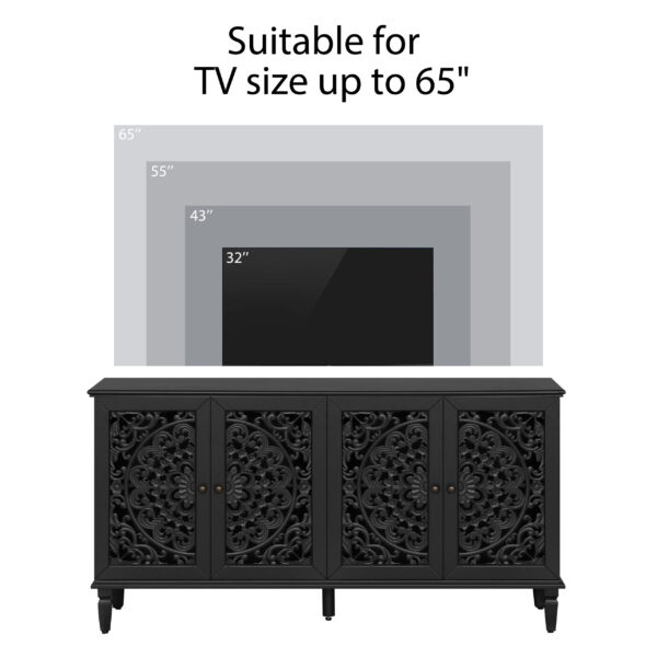 60" Antique Buffet Cabinet with Floral Carvings with Solid Wood Legs&Antique Brass Handles&Adjustable Shelves, TV Stand for 65''+ TV, Sideboard for Living Room,Dining Room (Black)