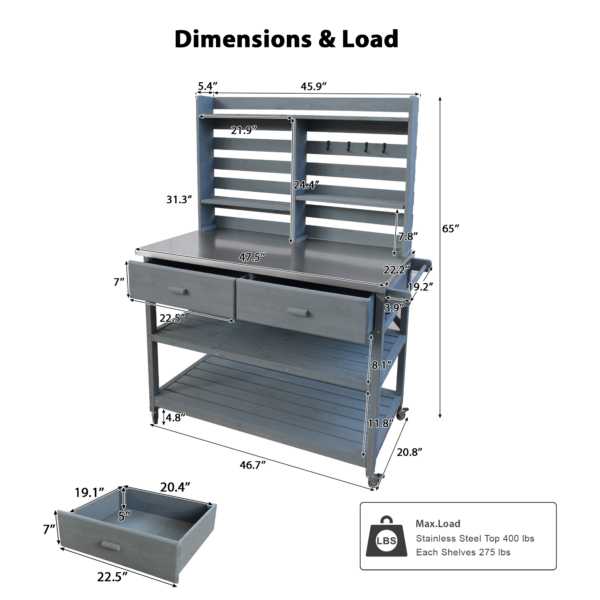 K&K 64.9"H Outdoor Potting Bench Table with Lockable Wheels, Solid Wood Outdoor Kitchen Island with Upper Hutch, Stainless Steel Top, Towel Rack ,Outdoor Storage for Grilling, Lawn Garden -Grey Blue