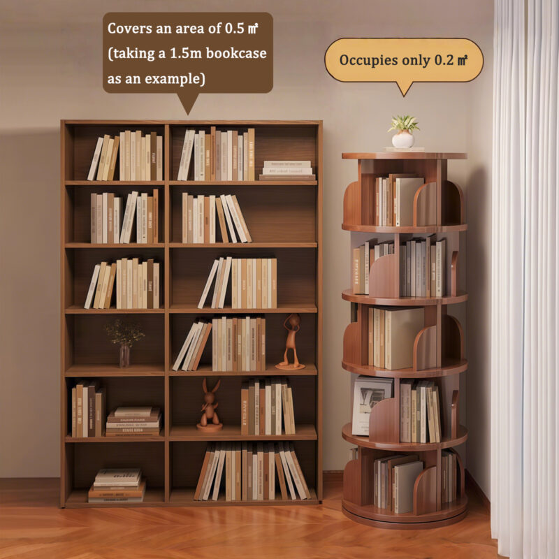 5 Tier Rotating Bookshelf, 360° Display Round Spinning Bookshelf, Space-Saving, Small Space Rotating Bookshelf Tower for Bedroom, Living Room, Home, Office, Wood Color - Image 8