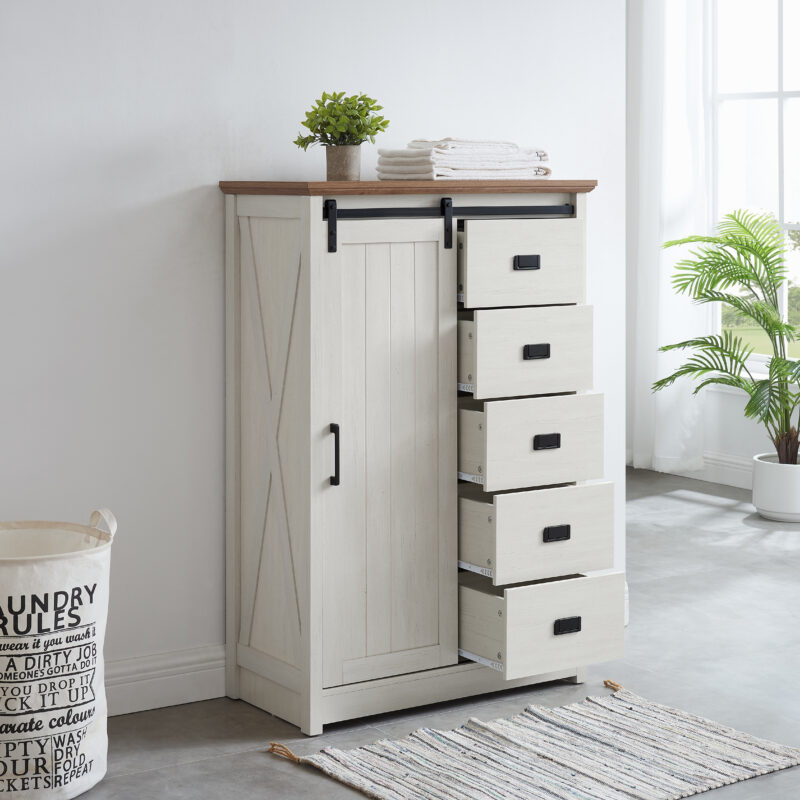 5 Drawers Dresser w/Sliding Barn Door, Farmhouse Modern Tall Dresser 5 Chest of Drawers, Storage Organizer Dresser for Bedroom, Hallway, Living Room, Kids Room WHITE - Image 2