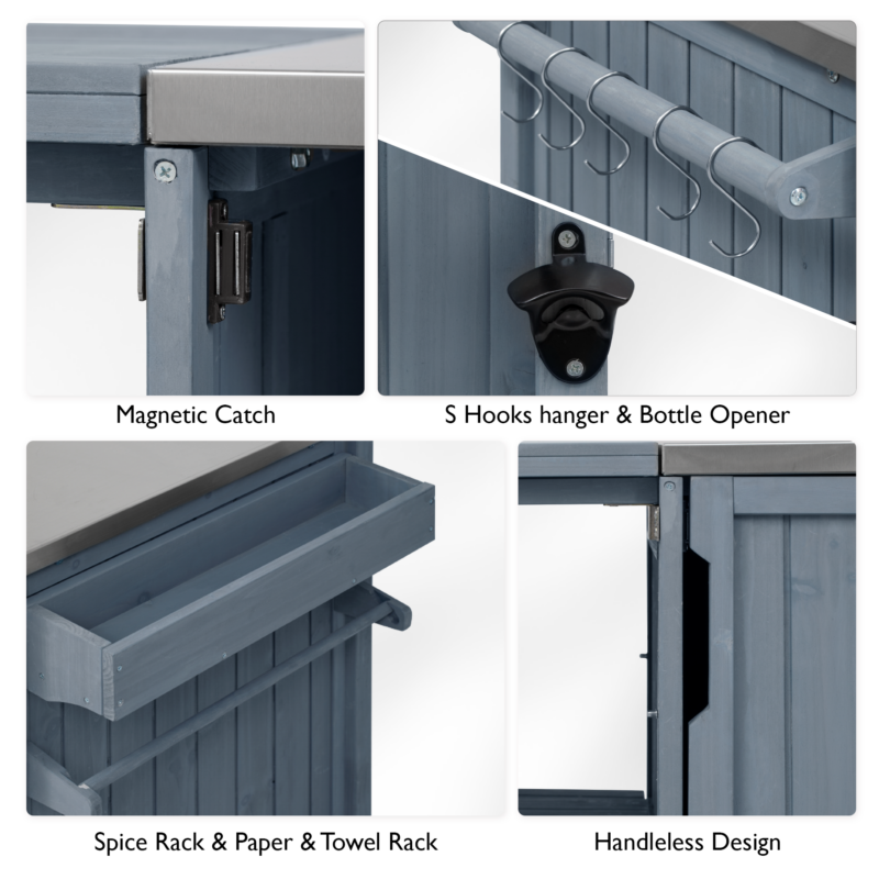 K&K 66.5" Outdoor Kitchen Island for Big Green Egg Grills, Solid Wood Outdoor Grill Cart for Tabletop Grill with Stainless Steel Top, Drawer, Compatible with Large Big Green Egg, Kamado Joe- Grey Blue - Image 7