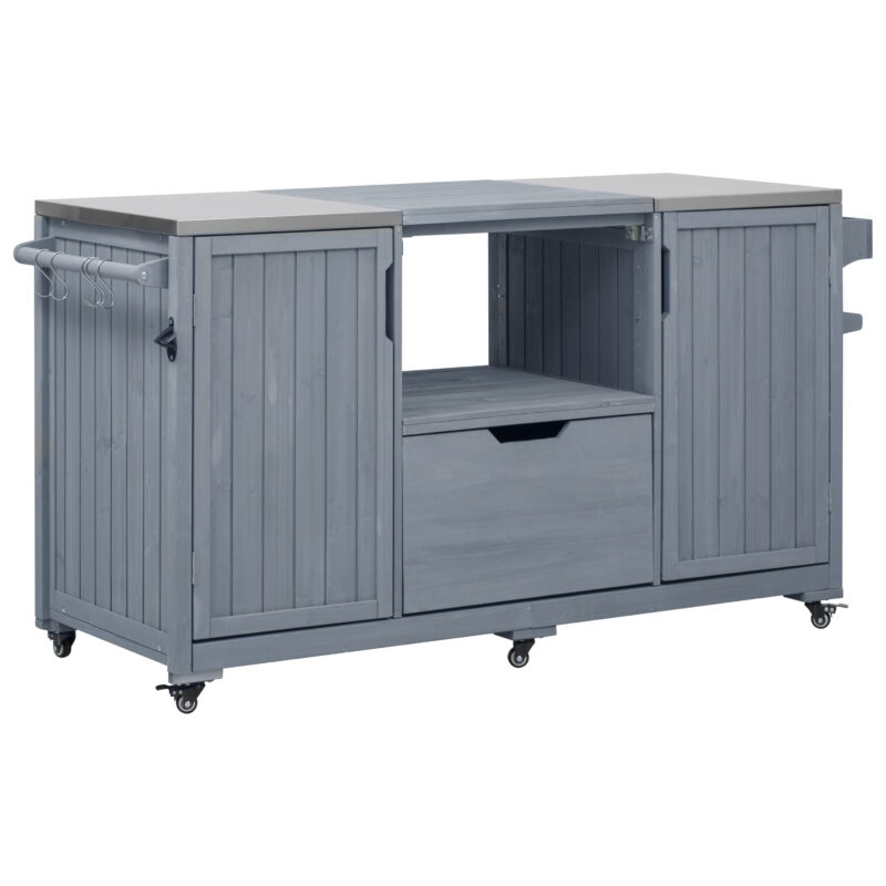 K&K 66.5" Outdoor Kitchen Island for Big Green Egg Grills, Solid Wood Outdoor Grill Cart for Tabletop Grill with Stainless Steel Top, Drawer, Compatible with Large Big Green Egg, Kamado Joe- Grey Blue - Image 12