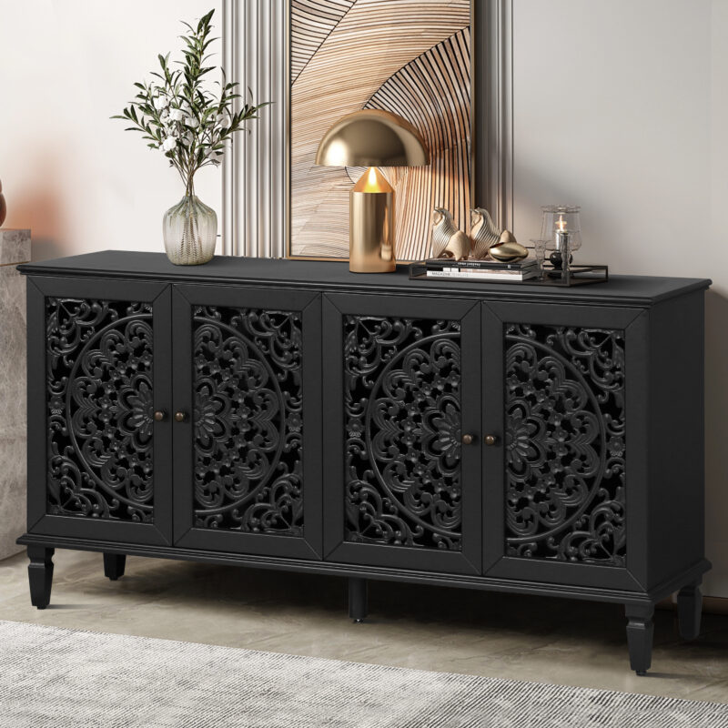 60" Antique Buffet Cabinet with Floral Carvings with Solid Wood Legs&Antique Brass Handles&Adjustable Shelves, TV Stand for 65''+ TV, Sideboard for Living Room,Dining Room (Black) - Image 2