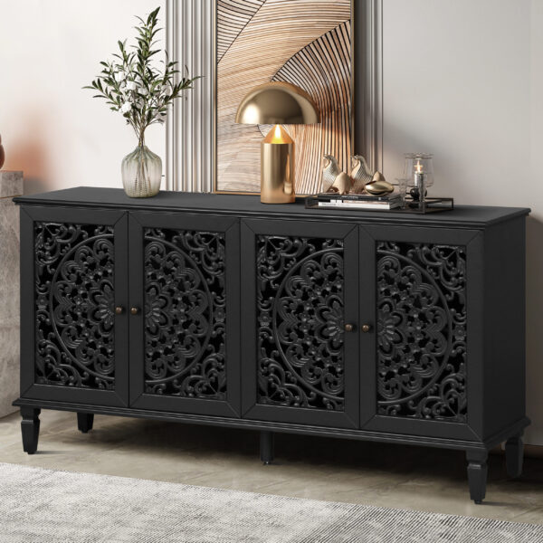 60" Antique Buffet Cabinet with Floral Carvings with Solid Wood Legs&Antique Brass Handles&Adjustable Shelves, TV Stand for 65''+ TV, Sideboard for Living Room,Dining Room (Black)