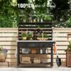K&K 64.9"H Outdoor Potting Bench Table with Lockable Wheels, Solid Wood Outdoor Kitchen Island with Upper Hutch, Stainless Steel Top, Towel Rack ,Outdoor Storage for Grilling, Lawn Garden -Grey Blue - Image 20