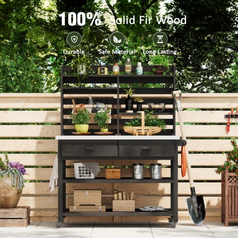K&K 64.9"H Outdoor Potting Bench Table with Lockable Wheels, Solid Wood Outdoor Kitchen Island with Upper Hutch, Stainless Steel Top, Towel Rack ,Outdoor Storage for Grilling, Lawn Garden -Grey Blue - Image 20