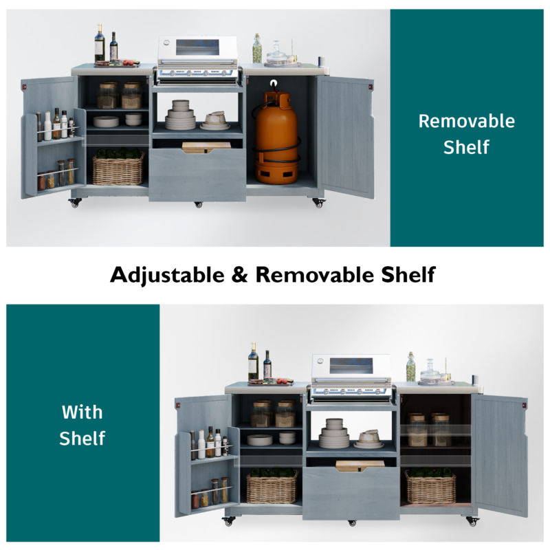 K&K 66.5" Outdoor Kitchen Island for Big Green Egg Grills, Solid Wood Outdoor Grill Cart for Tabletop Grill with Stainless Steel Top, Drawer, Compatible with Large Big Green Egg, Kamado Joe- Grey Blue - Image 6