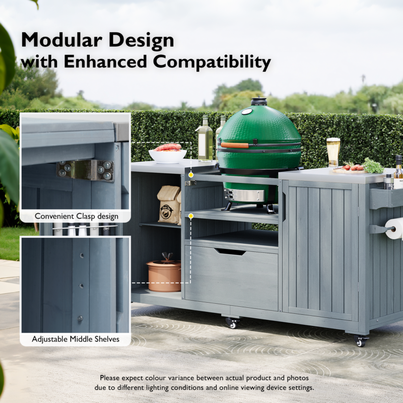 K&K 66.5" Outdoor Kitchen Island for Big Green Egg Grills, Solid Wood Outdoor Grill Cart for Tabletop Grill with Stainless Steel Top, Drawer, Compatible with Large Big Green Egg, Kamado Joe- Grey Blue - Image 5