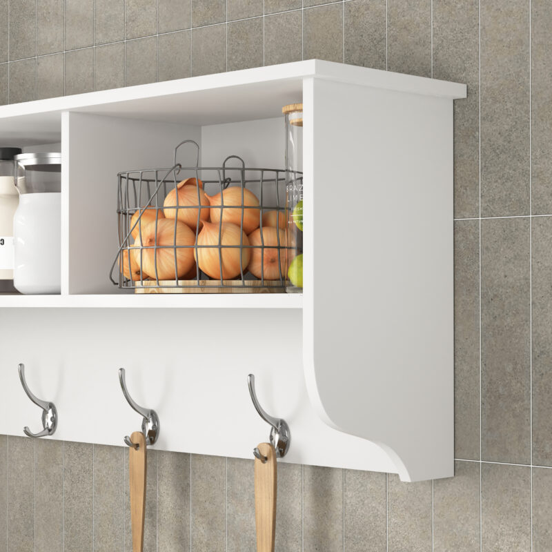White Entryway Wall Mounted Coat Rack with 4 Dual Hooks Living Room Wooden Storage Shelf - Image 3